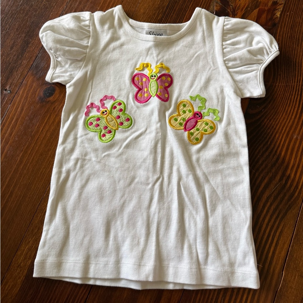 White Girls' Short Sleeve Tee with Colorful Butterfly Appliques